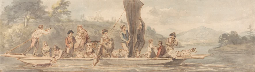 Transbordador fluvial con muchos pasajeros y animales
