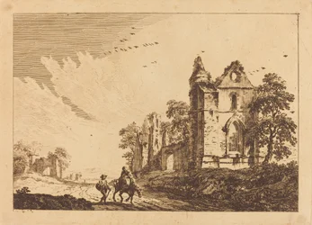 Abadía en ruinas con viajeros en el camino