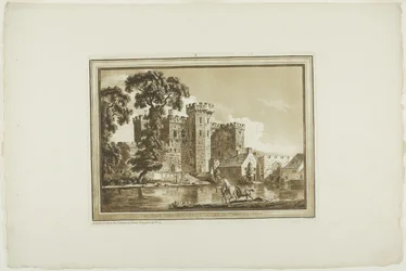La puerta sur del castillo de Cardiff en Glamorgan Shire, de Doce vistas en aguafuerte de dibujos tomados en el lugar en Gales del Sur