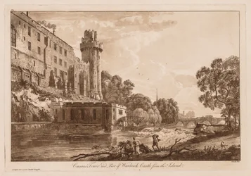 Vistas del castillo de Warwick: Torre de César y parte del castillo de Warwick desde la isla, 1776