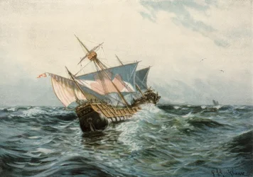 El barco de Colón Sta. María en clima tormentoso
