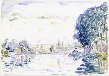 Paisaje fluvial con casita y árboles