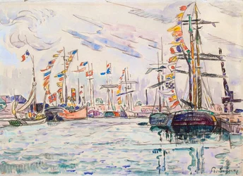 Veleros con banderas festivas en un muelle en Saint-Malo, 1920s