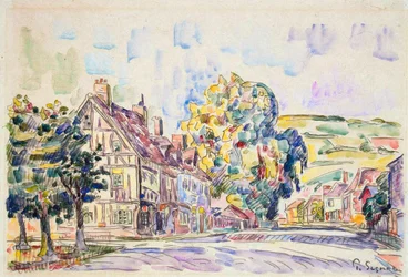 Calle con una casa con estructura en Normandía, c1925