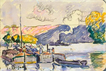 Dos barcazas, barco y remolcador en Samois, c. 1900