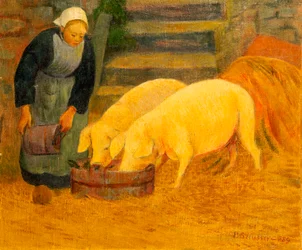 Una joven alimentando a dos cerdos, 1889