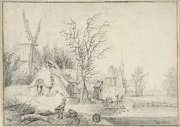 Pueblo con molino de viento e iglesia