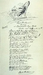 Poema del poeta francés Paul Verlaine (1844-1896) con un boceto del representante durante una lectura. 21/11/1893