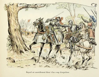 Ilustración tomada del libro “Historia del caballero Bayard” de Theodore Cahu, ilustrada por Paul De Semant (1855-1915): Bayard hiere mortalmente con un disparo de arcabuz 1524