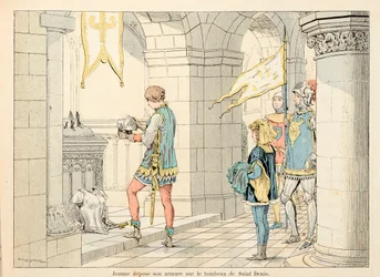 Ilustración tomada del libro "Juana de Arco" de Theodore Cahu e ilustrada por Paul De Semant (1855-1915): Juana de Arco deposita su armadura en la tumba de San Denis