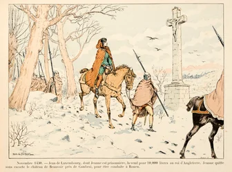 Ilustración tomada del libro "Juana de Arco" de Theodore Cahu e ilustrada por Paul De Semant (1855-1915): En noviembre de 1430 Jean de Luxemburgo vende a Juana de Arco al Rey de Inglaterra por 10,000 libras; ella deja el castillo de Beauvoir para ser lleva