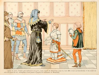 Ilustración tomada del libro «Juana de Arco» de Théodore Cahu e ilustrado por Paul de Semant (1855-1915): después de la coronación del rey, Juana se encuentra con su padre, recibe su bendición y le presenta un decreto del rey que exime a los habitantes