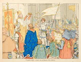 Ilustración tomada del libro «Juana de Arco» de Théodore Cahu, ilustrado por Paul de Semant (1855-1915): coronación del rey Carlos VII en Reims el 17 de julio
