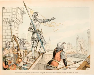 Ilustración tomada del libro “Juana de Arco” de Théodore Cahu e ilustrada por Paul De Sémant (1855-1915): Juana de Arco en armadura en las murallas de la ciudad de Orleans convocó a los ingleses a levantar el sitio