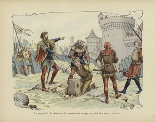 El mariscal de Sancerre hace llevar a los rehenes al pie de las murallas (litografía en color)