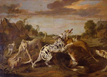Lebreles luchando en un paisaje aldeano con una partida de caza más allá (óleo sobre lienzo)