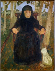 Anciana, sentada, con gato (pintura sobre lienzo)