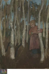 Niña en un bosque de abedules