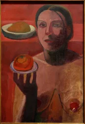 Semidesnudo de una italiana con un plato en la mano levantada