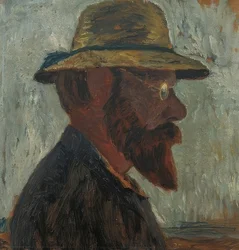 Otto Modersohn con sombrero de paja de perfil a la derecha