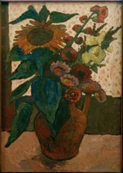 Naturaleza muerta con girasol, malvarrosas y dalias