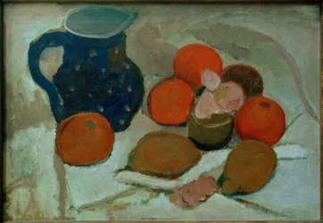 Naturaleza muerta con jarra azul con puntos blancos (II)