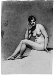 Una mujer desnuda sentada, con la cabeza girada a la derecha y un estudio caricaturesco de su cabeza