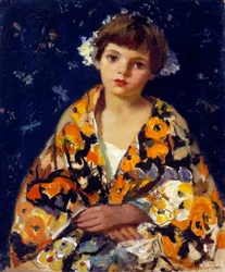"Una chica con kimono. La influencia del Lejano Oriente japonés en la pintura impresionista europea". Pintura de Pauline Palmer (1867-1938). Óleo sobre madera. Medidas: 60,7 x 50,5cm Colección particular