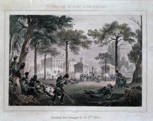Tropas en el Parc Royal, Bruselas, 25 de septiembre de 1830, grabado por Dewasme-Pletinckx