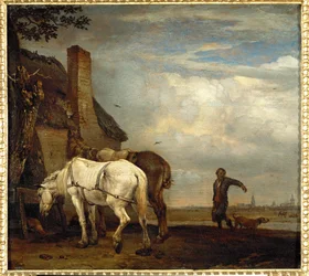 Dos caballos de trabajo delante de una granja ...