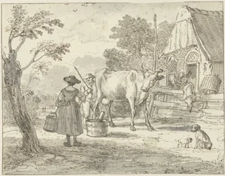 Granjeros con una vaca delante de la casa