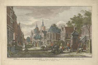 Vista del Mercado Verde Diario en La Haya Vista de Kleyne Groenmarkt, en Hal, el Ayuntamiento y Groote Kerk, en La Haya (título sobre el objeto) Ocho caras en La Haya (título de la serie)