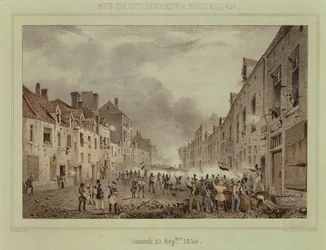 Luchas en la Rue Schaerbeck, Bruselas, domingo 25 de septiembre de 1830, grabado por Dewasme-Pletinckx