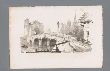 Vista de un puente con puerta, al fondo una iglesia Principios de los paisajes (título de la serie) Principios de paysages (título de la serie)