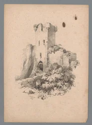 Vista de una torre en ruinas con puerta Estudios de paisaje de Paulus Lauters (título de la serie) Nouvelle suite de 40 études de paysages par P. Lauters (título de la serie)