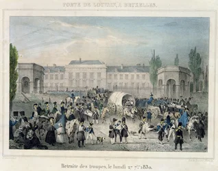 Porte de Louvain, Bruselas: La retirada de las tropas holandesas, 27 de septiembre de 1830, grabado por Dewasme-Pletinckx
