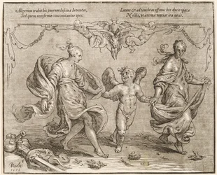 Cupido Bailando con Dos Mujeres Alegóricas