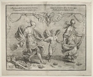 Cupido bailando con dos mujeres alegóricas