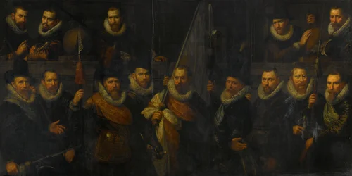 Oficiales y otros guardias civiles del III Distrito de Ámsterdam, al mando del capitán Jacob Gerritsz Hoyngh y del teniente Nanningh Florisz Cloeck