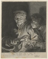 Anciana y muchacho con una vela