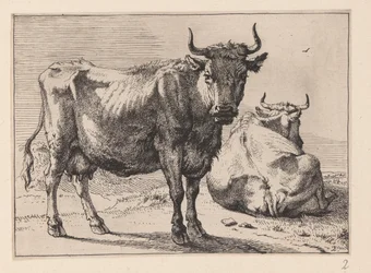 Una vaca de pie y otra tumbada, de varios bueyes y vacas