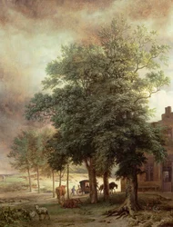 Paisaje con carruaje o casa más allá de los árboles