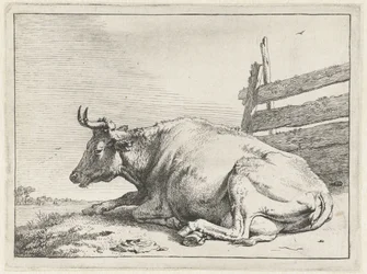Vaca tumbada junto a una valla El folleto de Bullen (título de la serie)