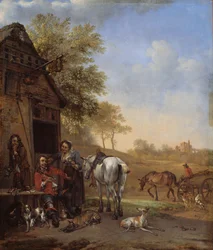 Rastender Reiter vor einem Gasthaus