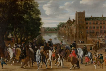 Los príncipes de Orange y sus familias a caballo, saliendo del Buitenhof, La Haya, c. 1621-22