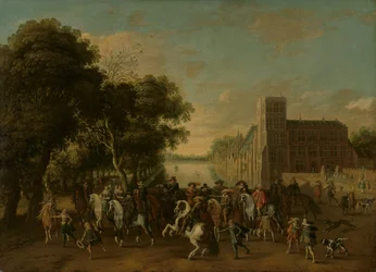 El príncipe Maurits, acompañado por el príncipe Frederik Hendrik, Federico V de Bohemia y su esposa Isabel Estuardo, y otros, en el Buitenhof, La Haya