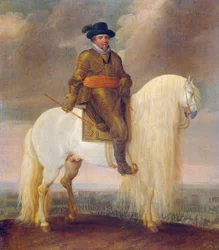 El príncipe Maurits, a lomos del caballo de batalla blanco que se le regaló tras su victoria en Nieuwpoort.