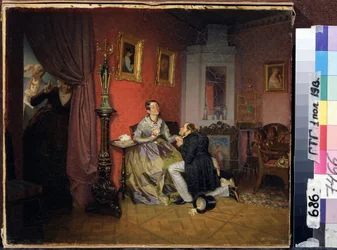 La novia complicada (Difficult Bride). Escena de interior burgués con un hombre de rodillas frente a una mujer, quizás rogándole que se case con él. Dos sirvientes escuchan la conversación escondidos detrás de una cortina. Pintura de Pavel Andreyevich