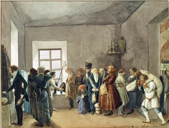 Sala de recepción de un comisario de policía la noche antes de un día festivo. Obra de Pavel Andreyevich Fedotov (1815-1852), acuarela, tinta y lápiz sobre papel
