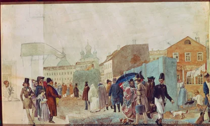 Escena callejera bajo la lluvia en Moscú. Obra de Pavel Andreyevich Fedotov (1815-1852), acuarela sobre papel